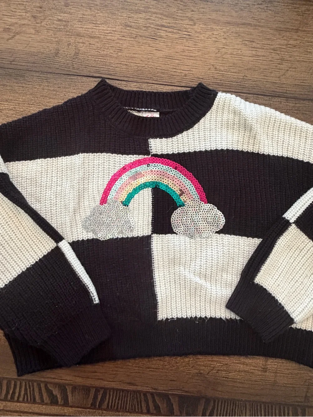 Justice Girls Size XS 5/6 Black White Chunky Stripe Sweater with Sequin Rainbow